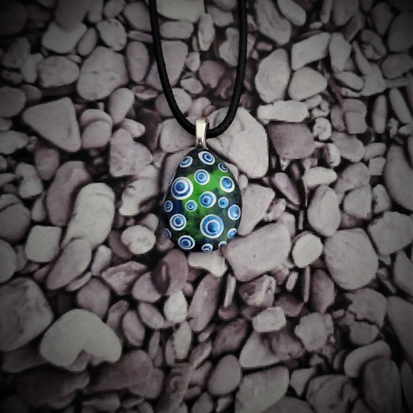 Hand Painted Dot Art Pendant,Blue Sapphire and White spheres multicolored - Picture 14 of 15